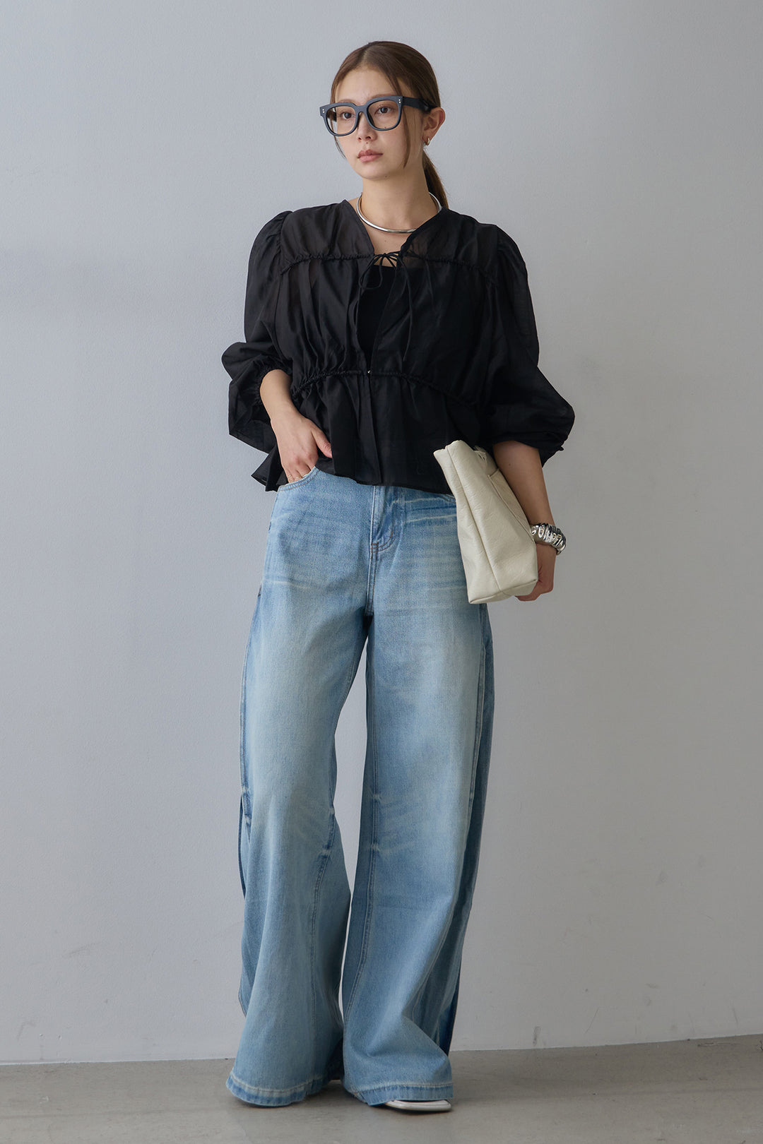 [SET]ウエストドロストシフォンブラウス+ストレートデニムパンツ(2set)