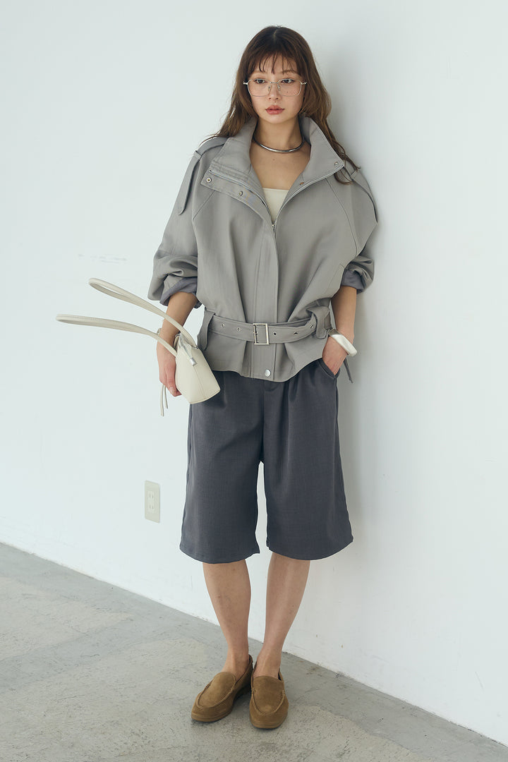 [SET]ベルト付きスタンドネックアウター+ツイルタックハーフパンツ(2set)
