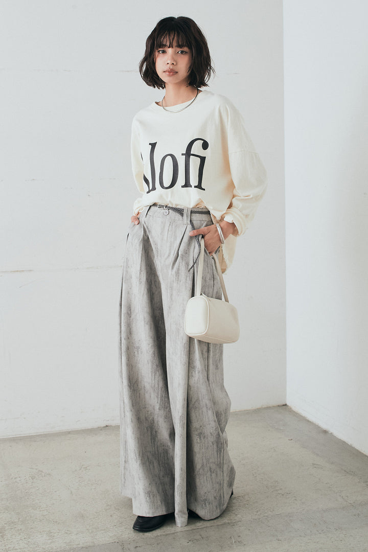 [SET]裾センタードロストロゴプリントワイドTシャツ+紐ベルト付きかすれ柄ワイドスラックス(2set)