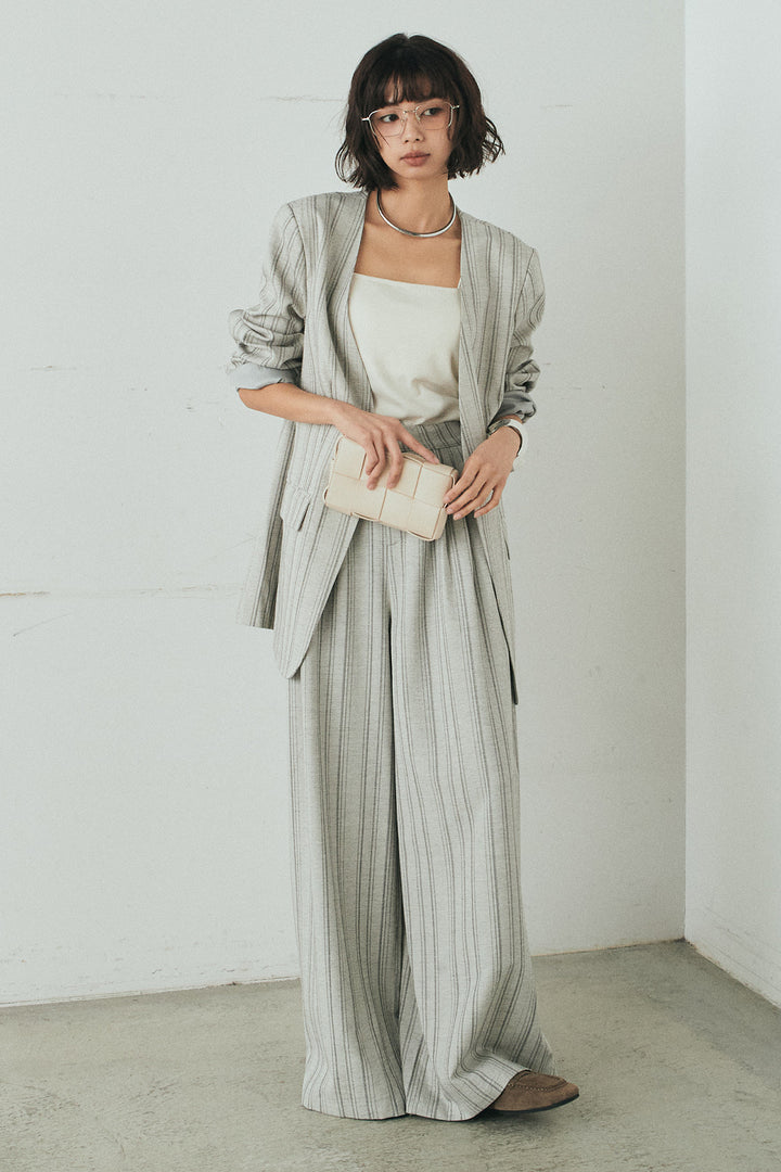 [SET]ノーカラーピンストライプジャケット+ピンストライプワイドスラックス(2set)