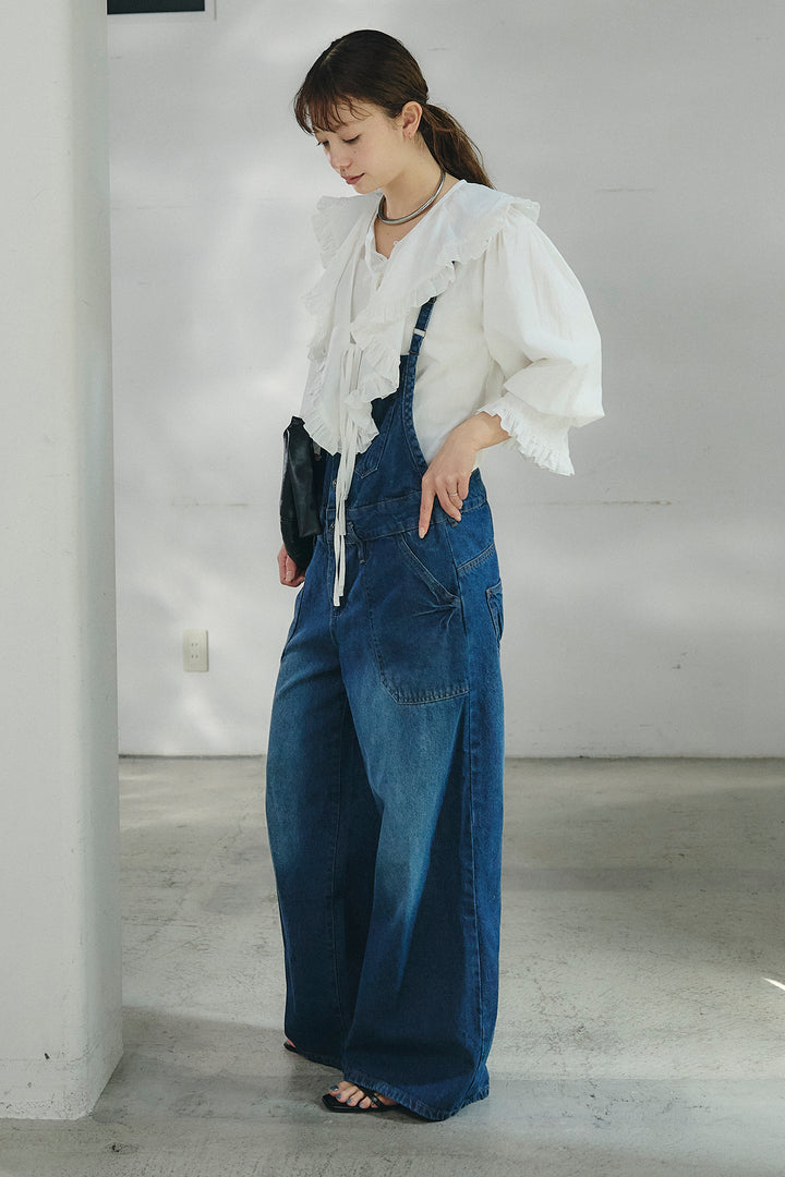 [SET]コットンフリルブラウス+デニムサロペットワイドパンツ(2set)