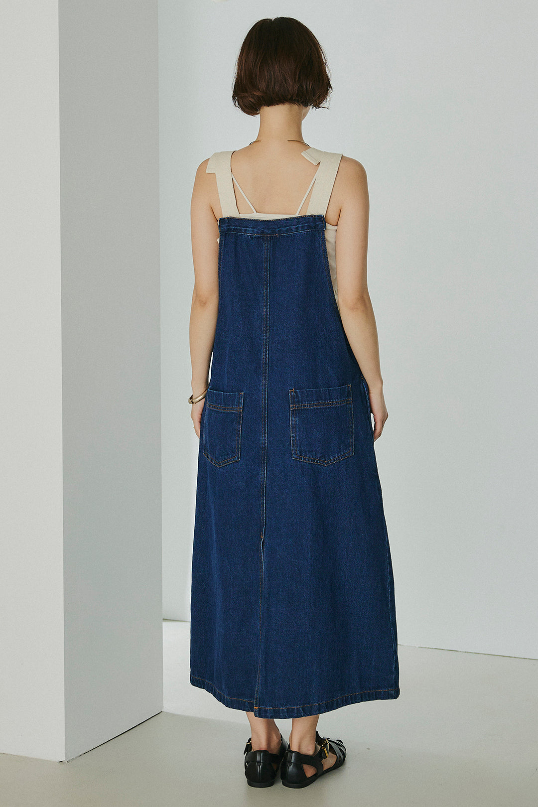 [SET]ケープカラーナイロンブラウス+配色ショルダーデニムサロペットスカート(2set)