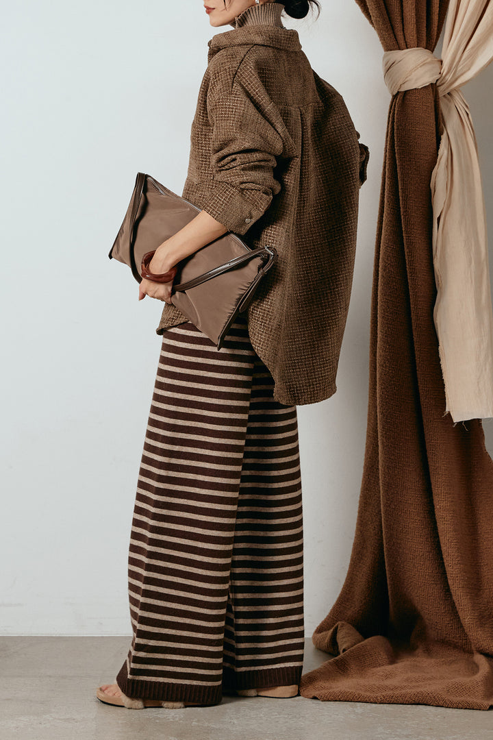 [SET]ルーズクラッシュツイルシャツ+リブニットシームレスタートルプルオーバー+ボーダーリラックスニットパンツ(3set)