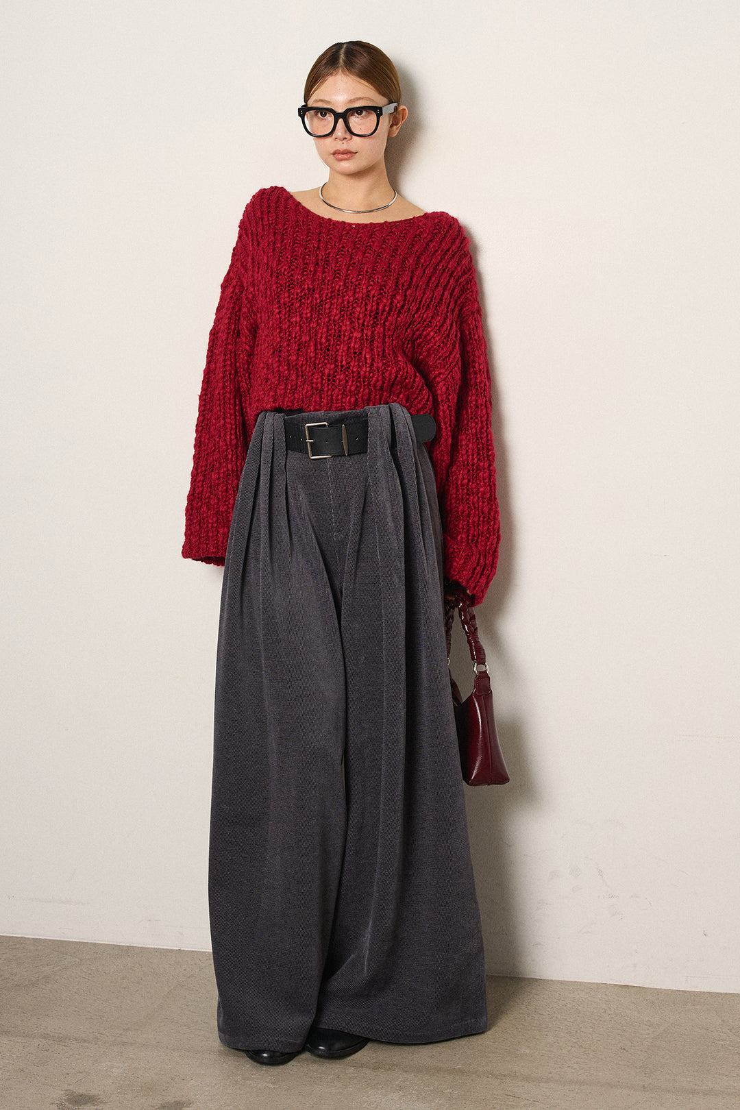 [SET]チャンキースラブニットクロップドプルオーバー+ベルトループコーデュロイワイドパンツ(2set)