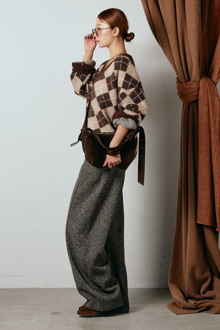 [SET]オーバーサイズ総柄Vネックニットカーディガン+杢ニットフレアパンツ(2set)