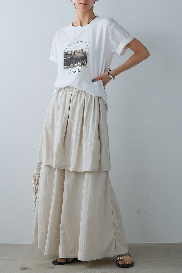 [SET]PARISフォトTシャツ+タックスカートドッキングフレアパンツ(2set)