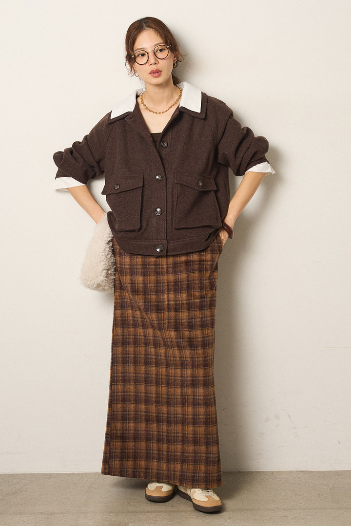[SET]衿レイヤードフェイクウールジャケット+シャギーチェックストレートスカート(2set)