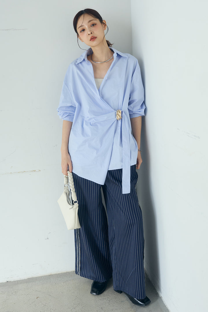 [SET]サイド留め具デザインシャツ+ストライプ柄トラックイージーパンツ(2set)