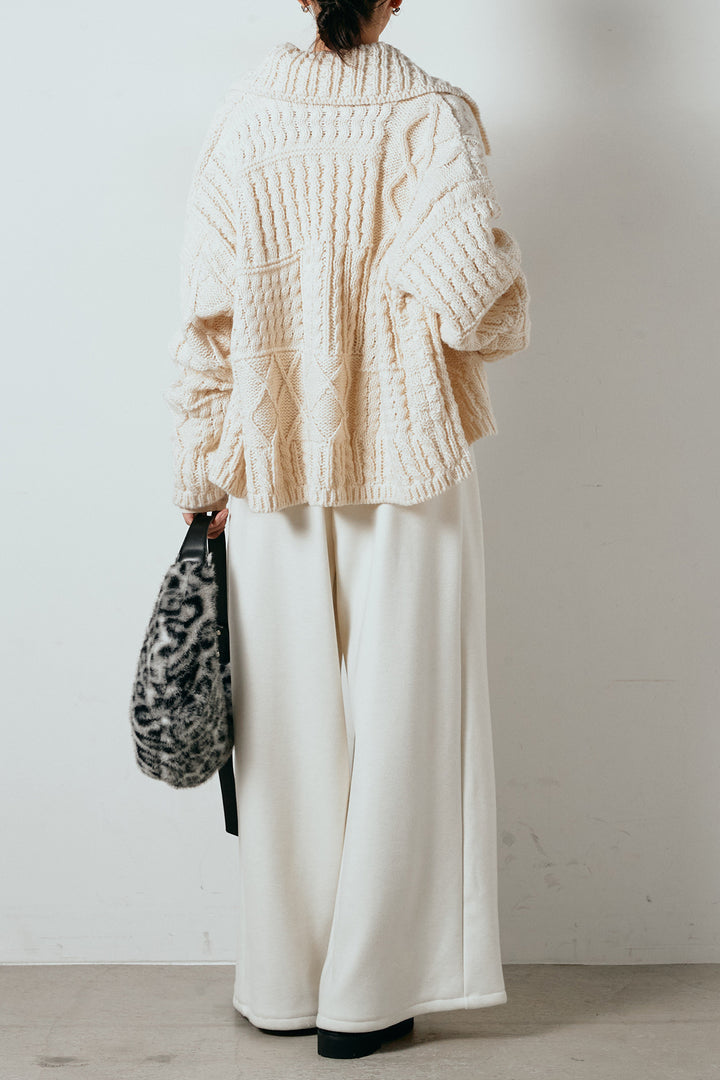 [SET]ビッグカラーケーブル編みニットトップス+2WAY袖コード刺繍クルーネックプルオーバー(2set)