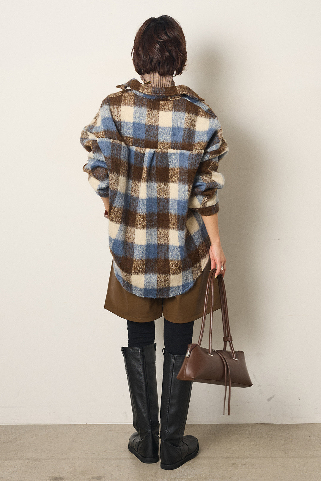 [SET]起毛チェック柄ポケットアウター+ストレッチエコレザーバミューダパンツ(2set)