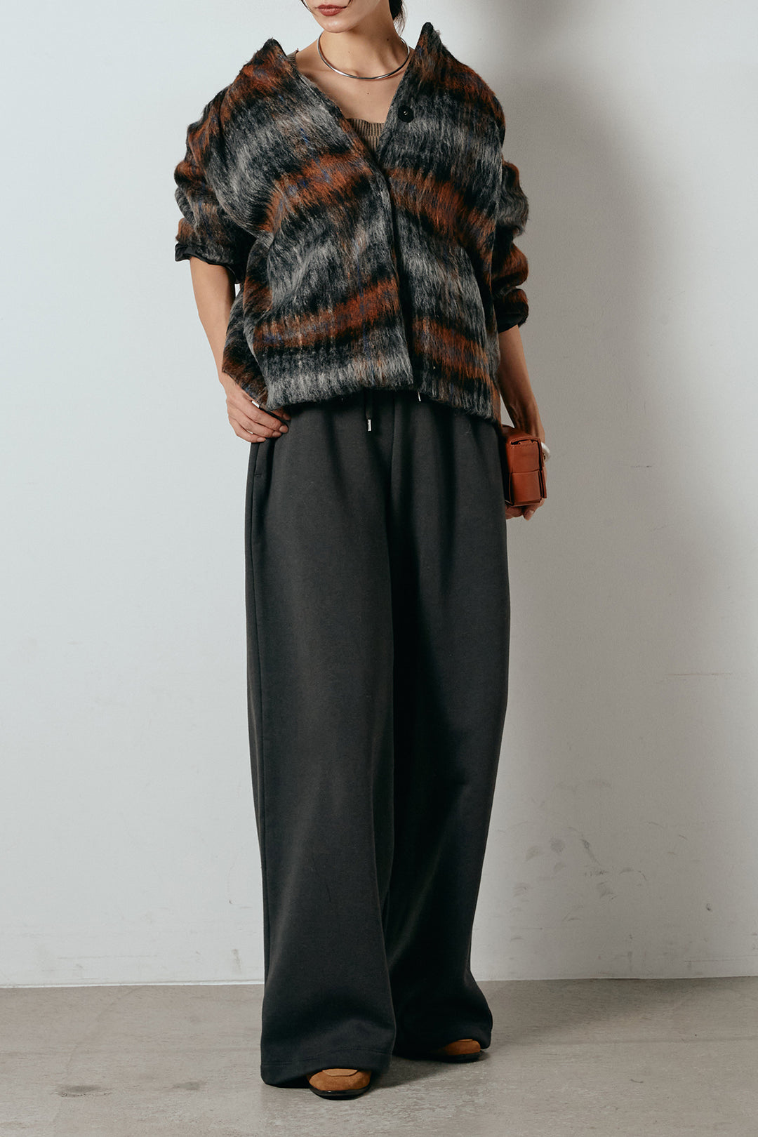 [SET]ノーカラーシャギーチェックアウター+裏起毛スウェットワイドパンツ(2set)