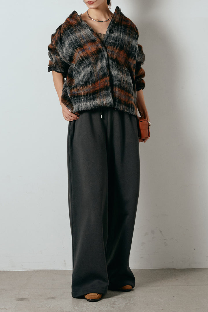 [SET]ノーカラーシャギーチェックアウター+裏起毛スウェットワイドパンツ(2set)