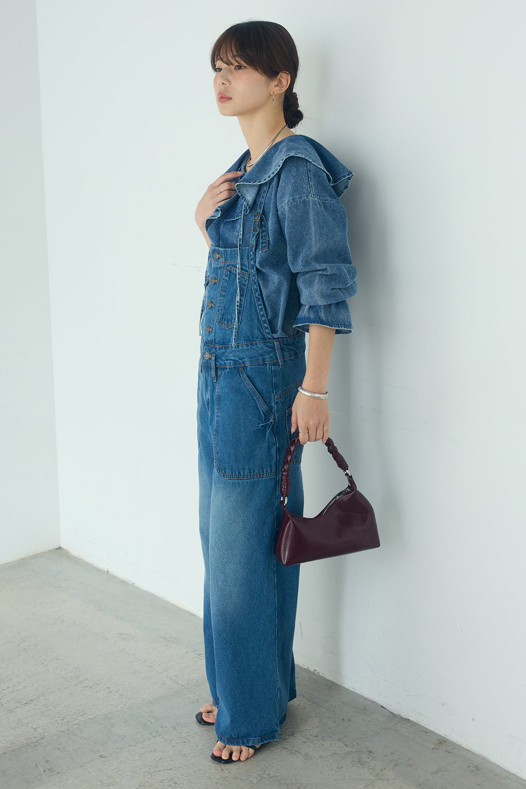 [SET]デニムフリルブラウス+デニムサロペットワイドパンツ(2set)