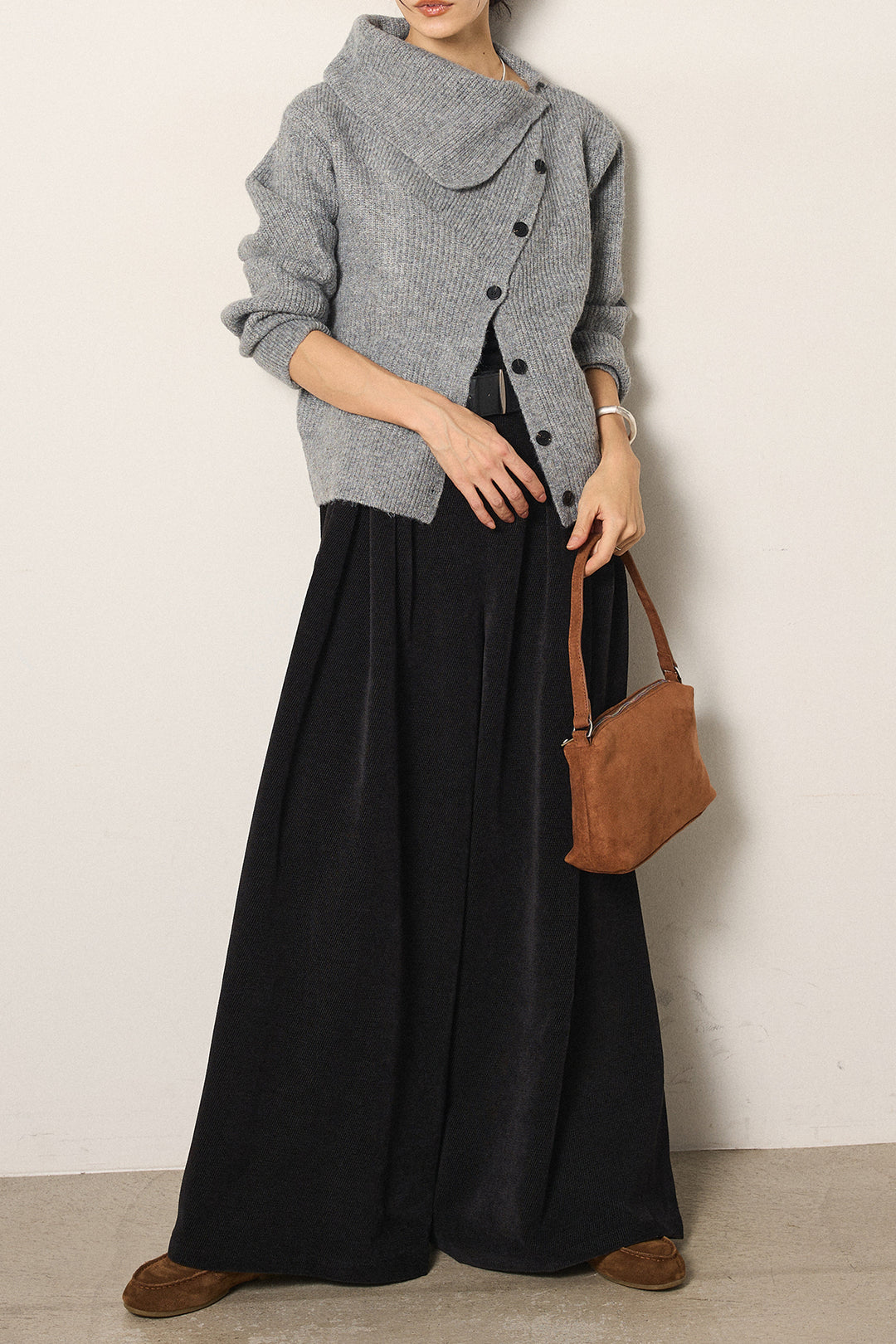 [SET]ボタンデザインネックニットプルオーバー+ベルトループコーデュロイワイドパンツ(2set)