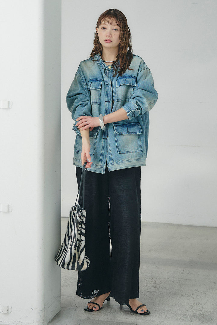 [SET]ノーカラーデニムポケットジャケット+レースサロペット(2set)