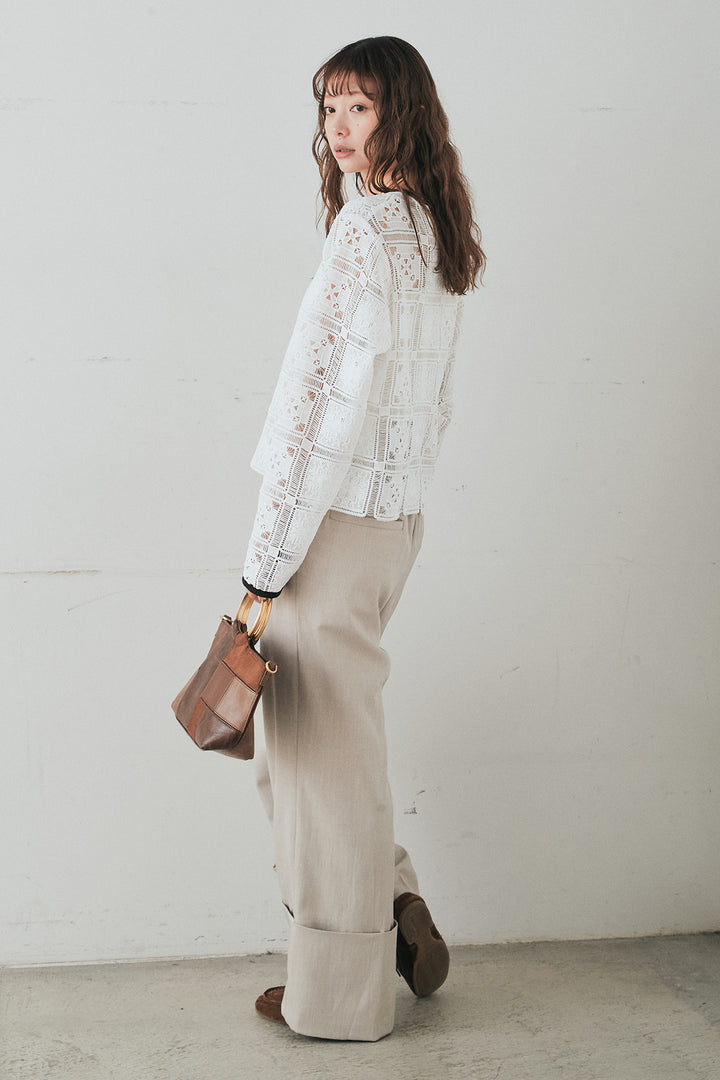 [SET]クロシェレースカーディガン+センタープレスセミワイドパンツ(2set)