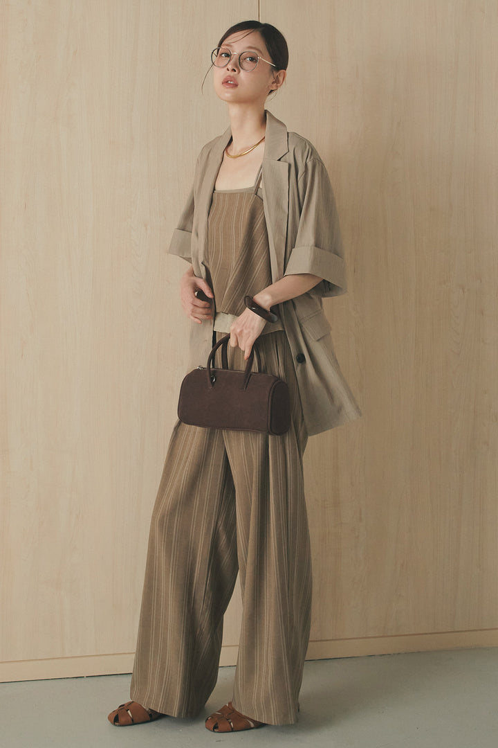 [SET]リネンライクテーラードハーフスリーブジャケット+リネンストライプタックワイドパンツ+リネンストライプレイヤードキャミ(3set)