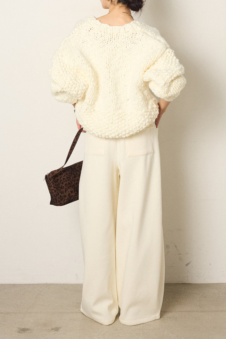[SET]Vネックハンド編みニットトップス+太ベルト付きスウェットワイドカーブパンツ(2set)