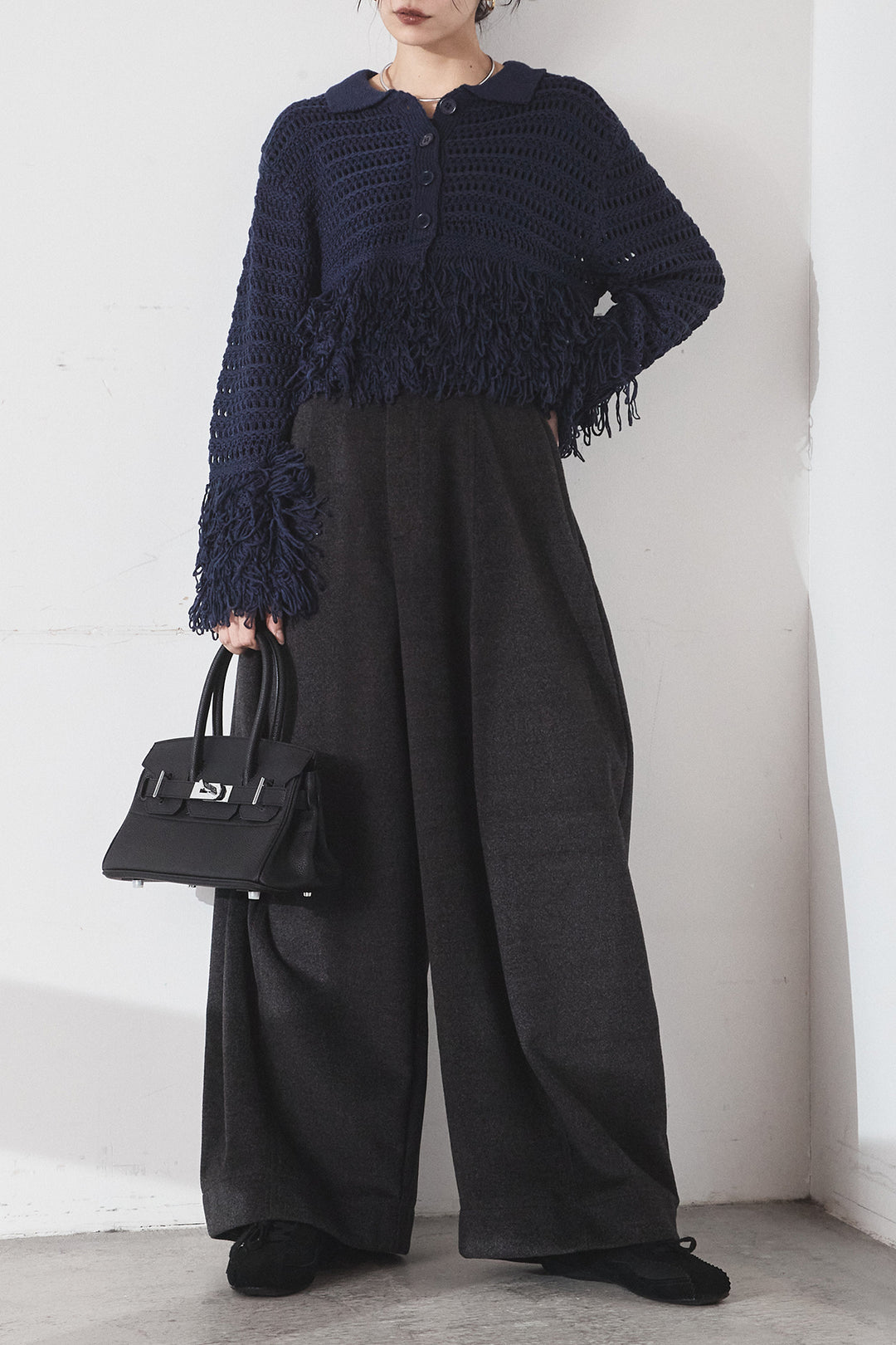 [SET]メッシュフリンジカーディガン+ウールタッチカーブワイドパンツ(2set)