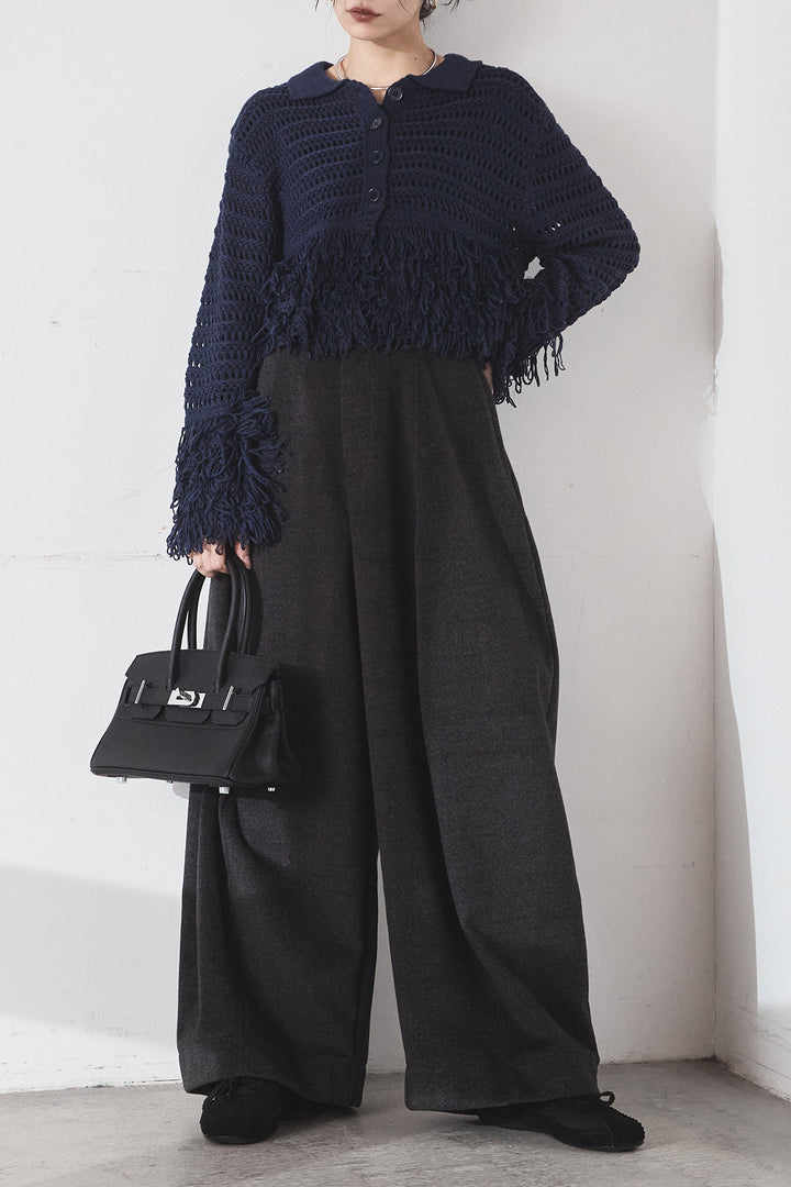 [SET]メッシュフリンジカーディガン+ウールタッチカーブワイドパンツ(2set)