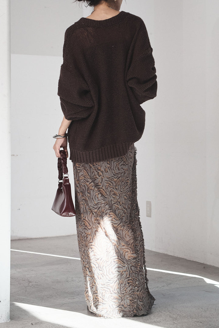 [SET]コード刺繍リラックスニットカーディガン+抽象柄ロングスカート(2set)