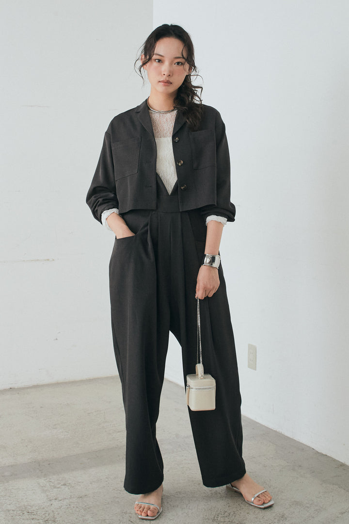 [SET]バックジップデザインショートツイルジャケット+キャミロングオールインワン(2set)