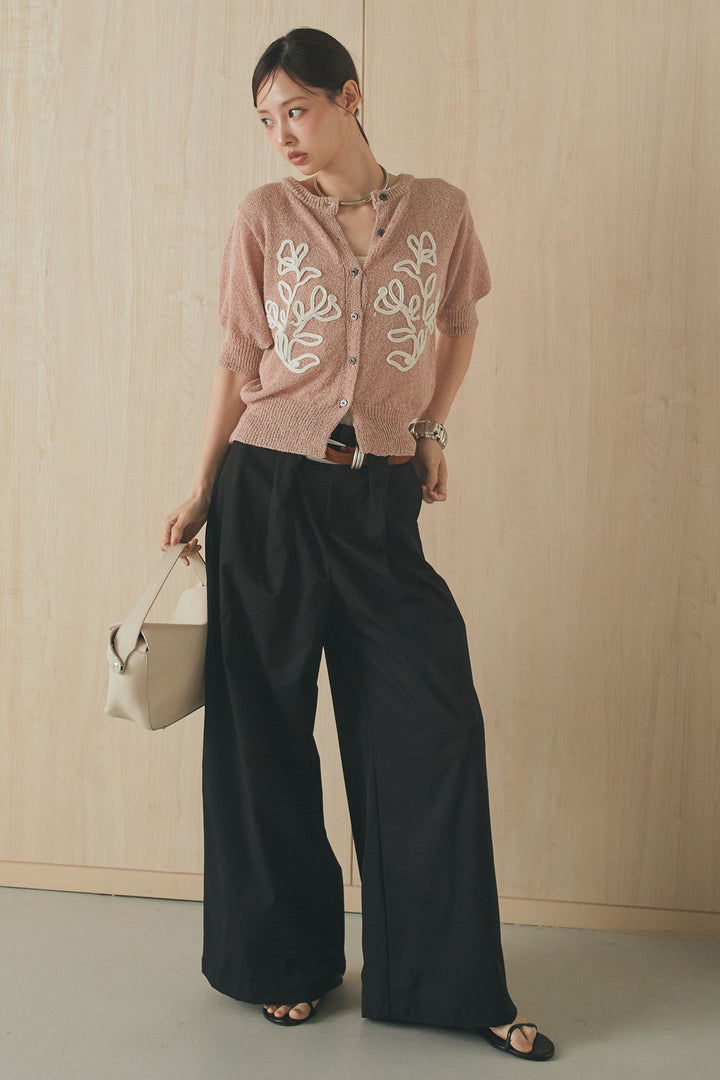 [SET]フロントテープデザイン半袖カーディガン+ベルトループデザインハイウエストタックパンツ(2set)