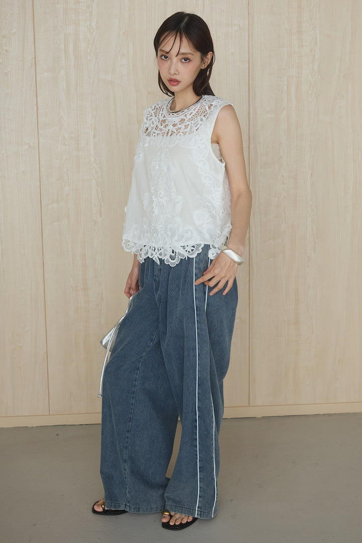 [SET]スカラップレースノースリブラウス+ドロストサイドラインデニムパンツ(2set)