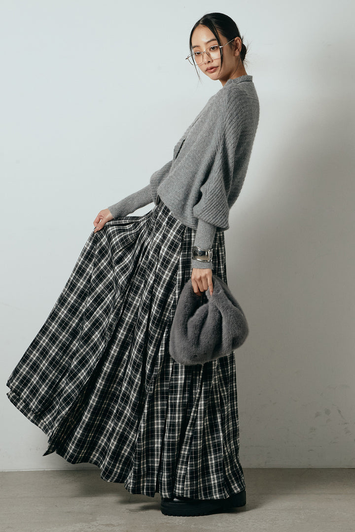 [SET]ポンチョシルエット透かしニットトップス+ベルト付きタータンチェックプリーツスカート(2set)