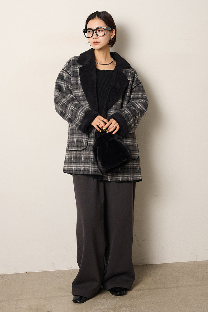 [SET]裏地ボアタータンチェック柄ミディアムコート+裏起毛スウェットワイドパンツ(2set)