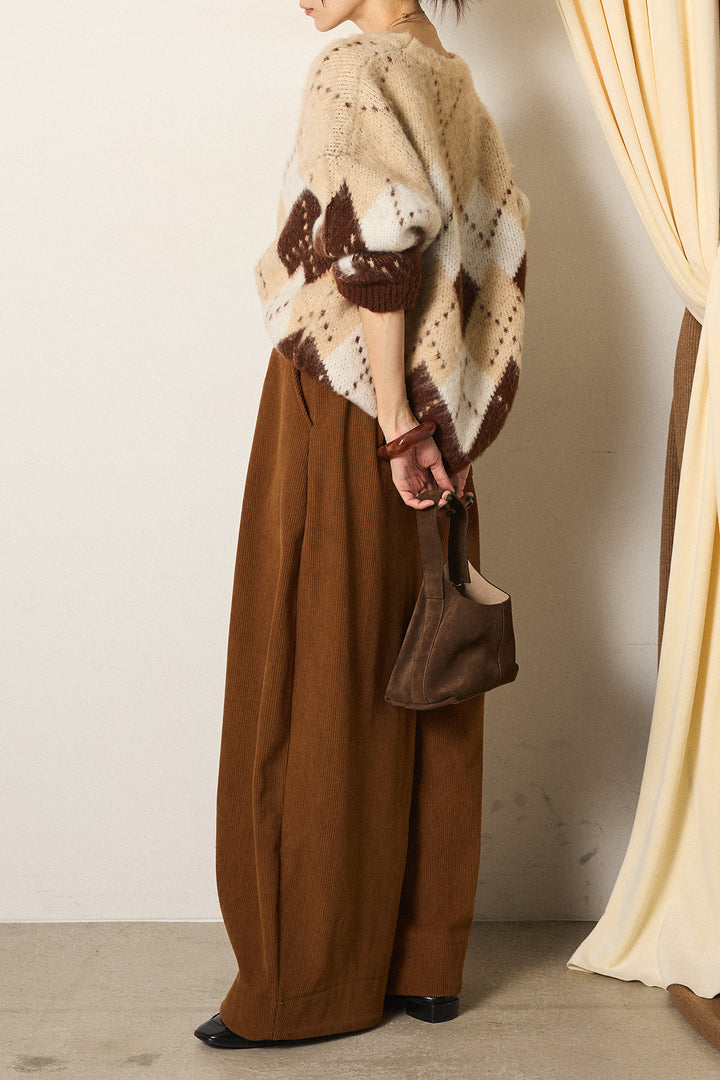 [SET]配色アーガイル柄ニットトップス+ベルト付きコーデュロイワイドパンツ(2set)