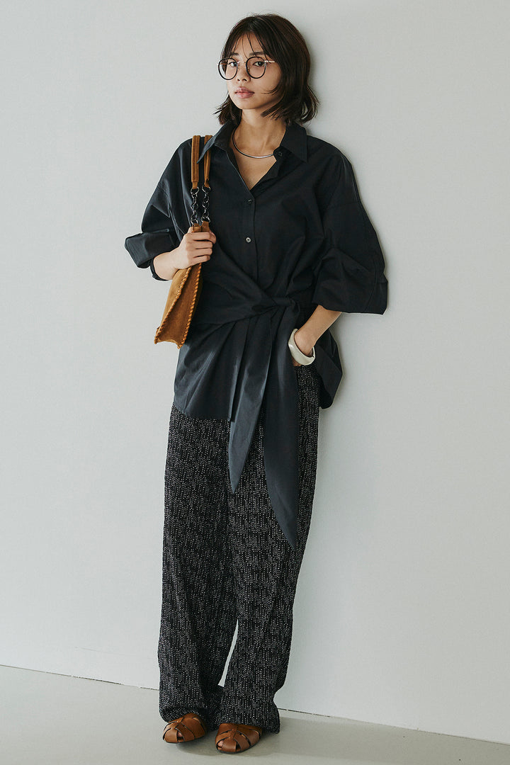 [SET]襟付き巻きデザインシャツ+シアーランダムドットラフパンツ(2set)