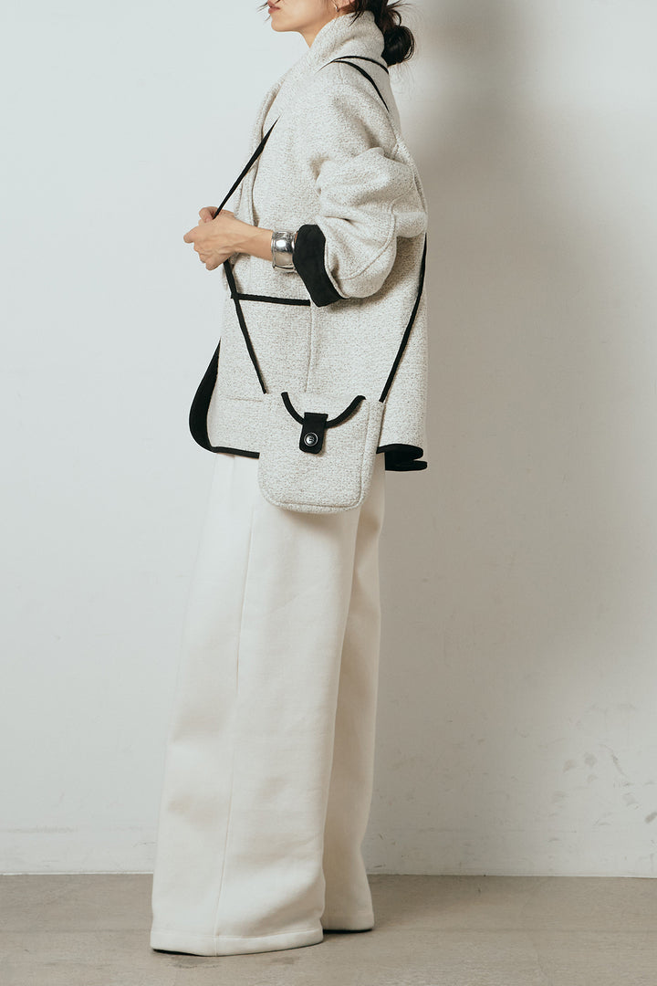 [SET]ノーカラーマフラーバッグ付きアウター+裏起毛スウェットワイドパンツ(2set)