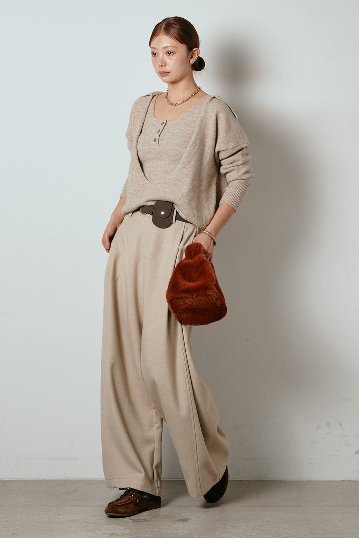 [SET]襟付きレイヤードニットトップス+ポーチベルト付きカーブパンツ(2set)