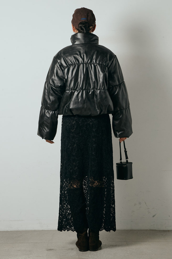 [SET]レザーライクWジップスタンドカラー中綿ブルゾン+総レース刺繍スカート(2set)