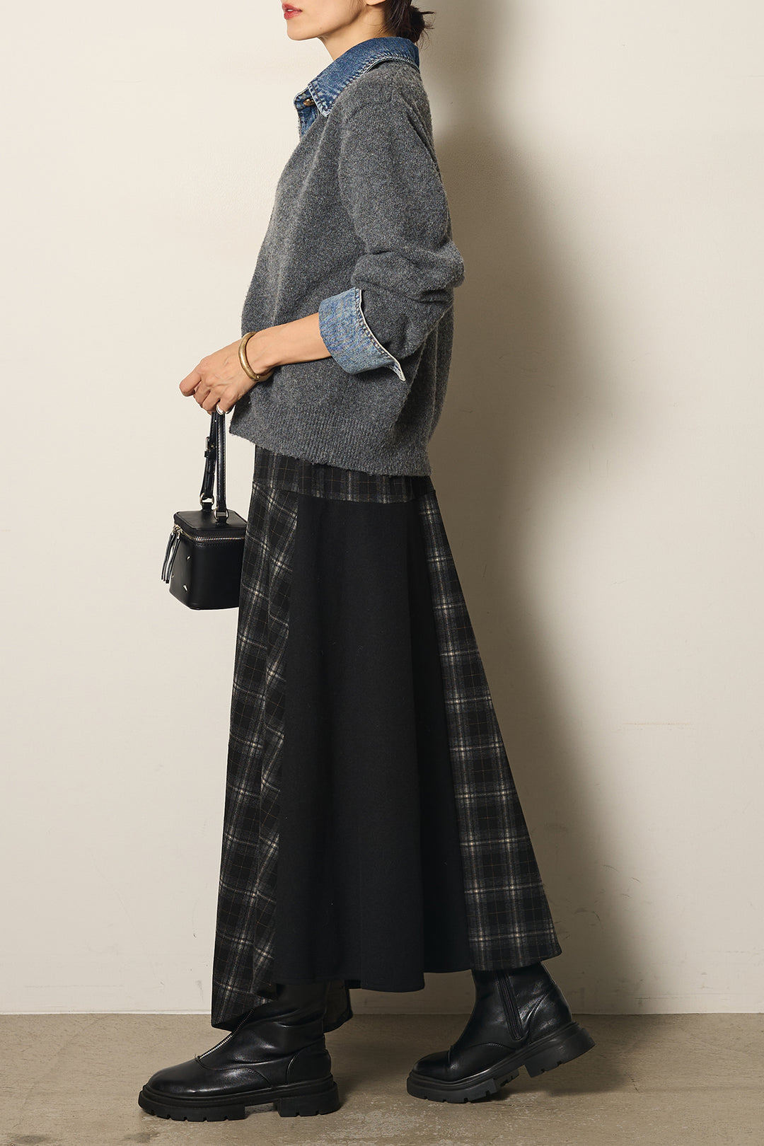 [SET]ニットドッキングデニムシャツ+フェイクレザーサイドベルトワイドパンツ+フェイクレザーベルト付き切り替えタータンチェックスカート(3set)