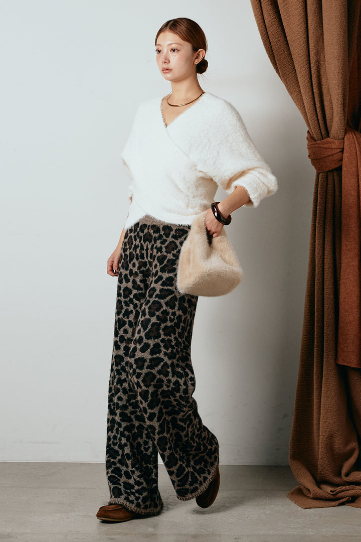 [SET]シャギーカシュクールニットトップス+リラックスレオパード柄ニットパンツ(2set)