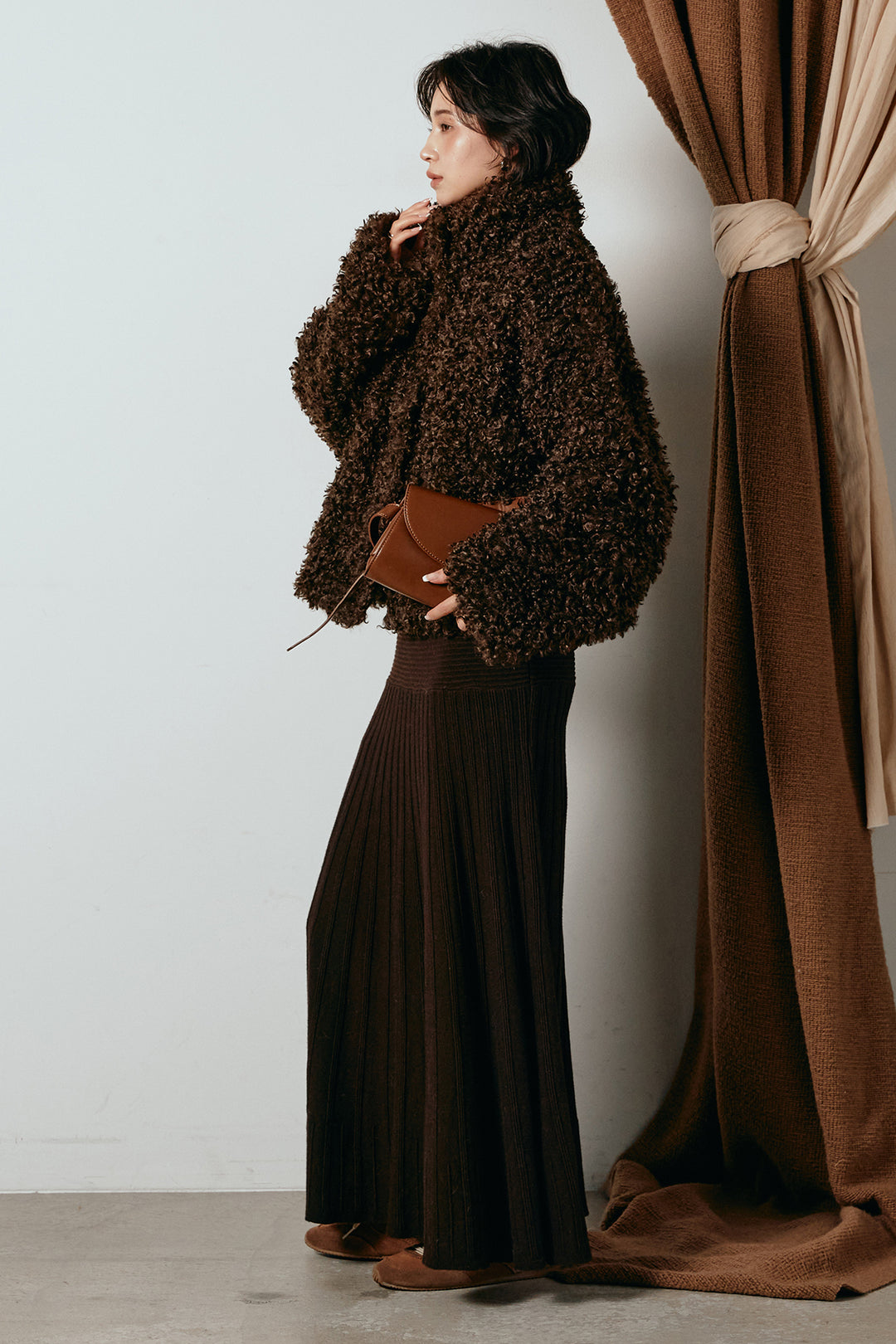 [SET]プードルファーミドルジャケット+編み地切り替えフレアニットスカート(2set)