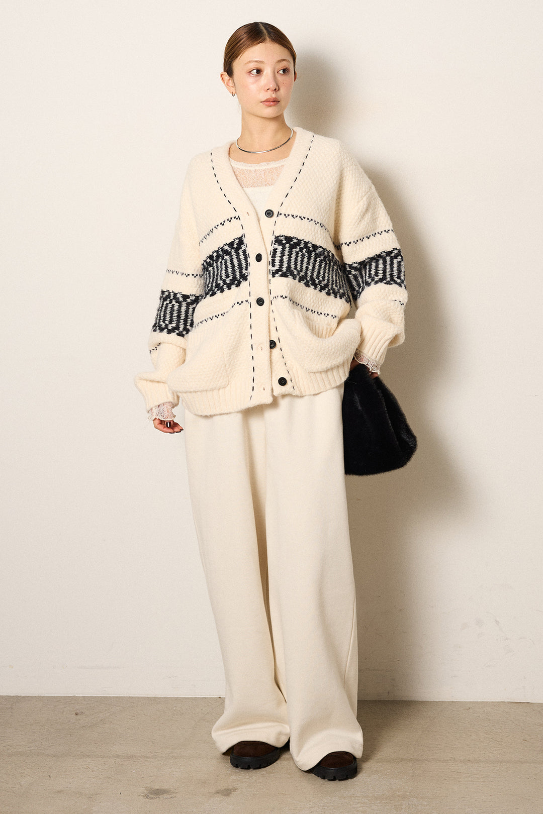 [SET]ライン柄ステッチニットカーディガン+2WAY袖コード刺繍クルーネックプルオーバー+裏起毛スウェットワイドパンツ(3set)