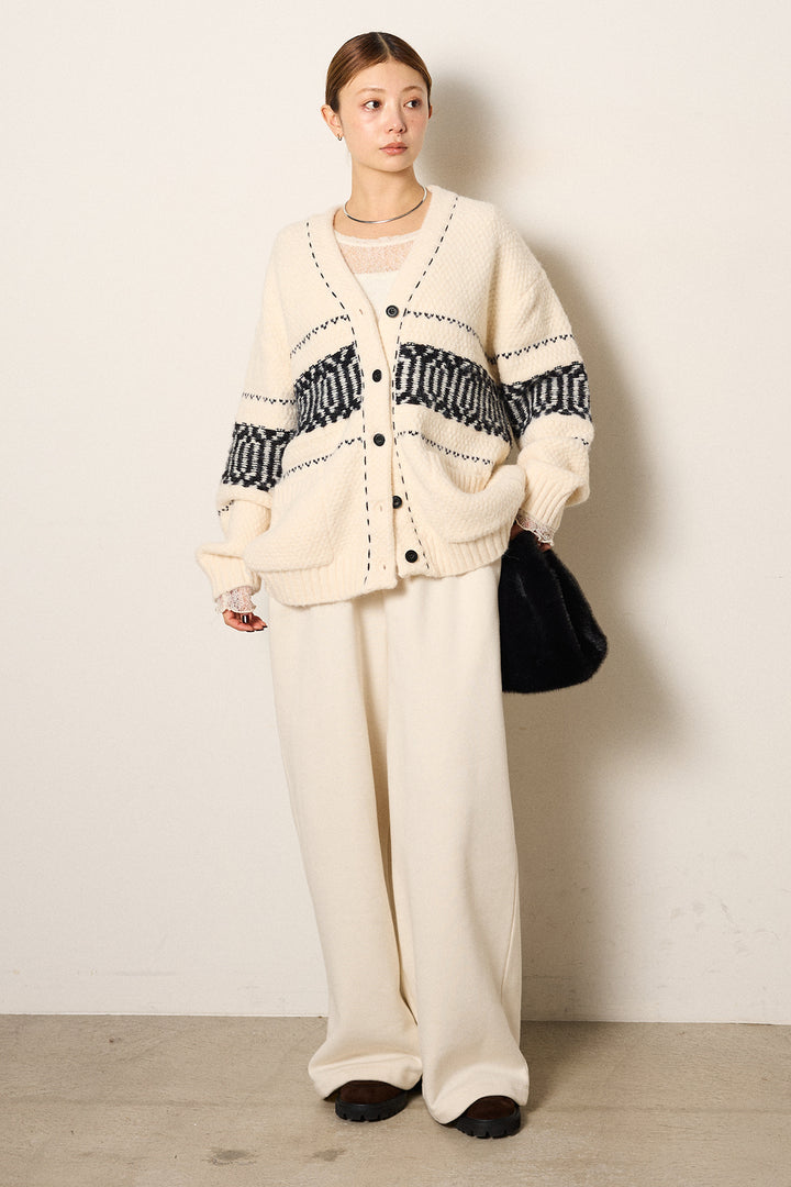 [SET]ライン柄ステッチニットカーディガン+2WAY袖コード刺繍クルーネックプルオーバー+裏起毛スウェットワイドパンツ(3set)