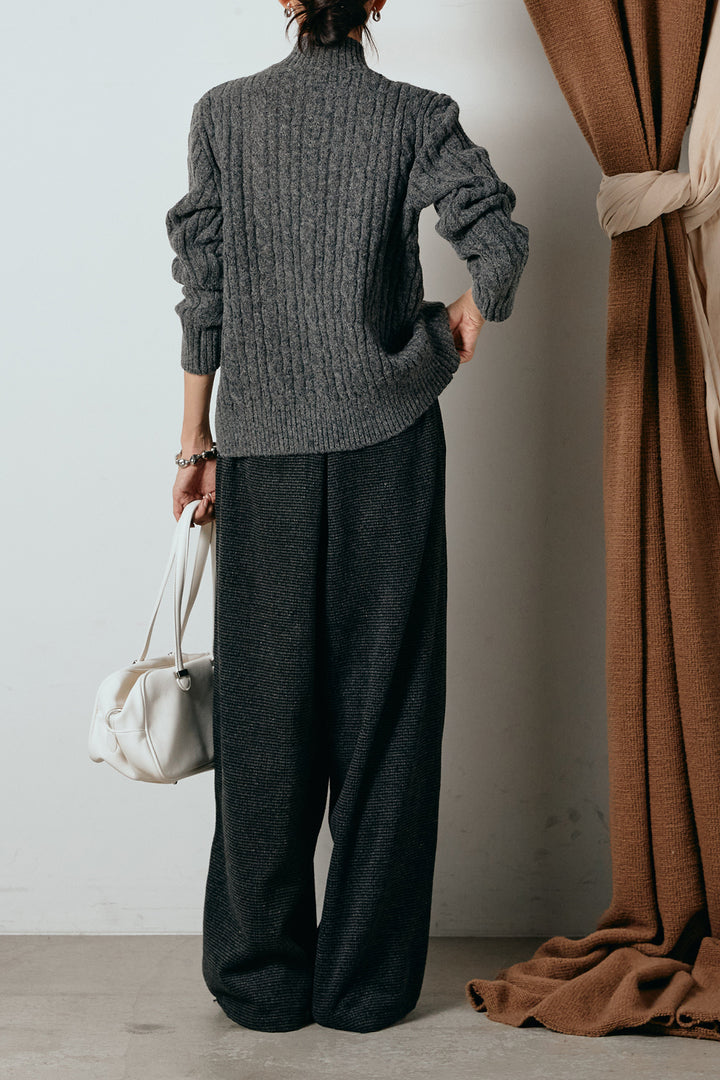 [SET]ボトルネックケーブルニットカーディガン+起毛タック入りツイードワイドパンツ(2set)