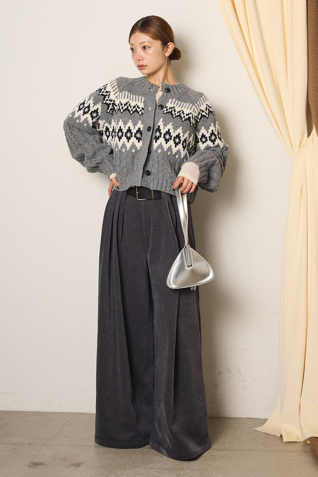 [SET]2WAY求心柄ジャガードショートカーディガン+ベルトループコーデュロイワイドパンツ(2set)