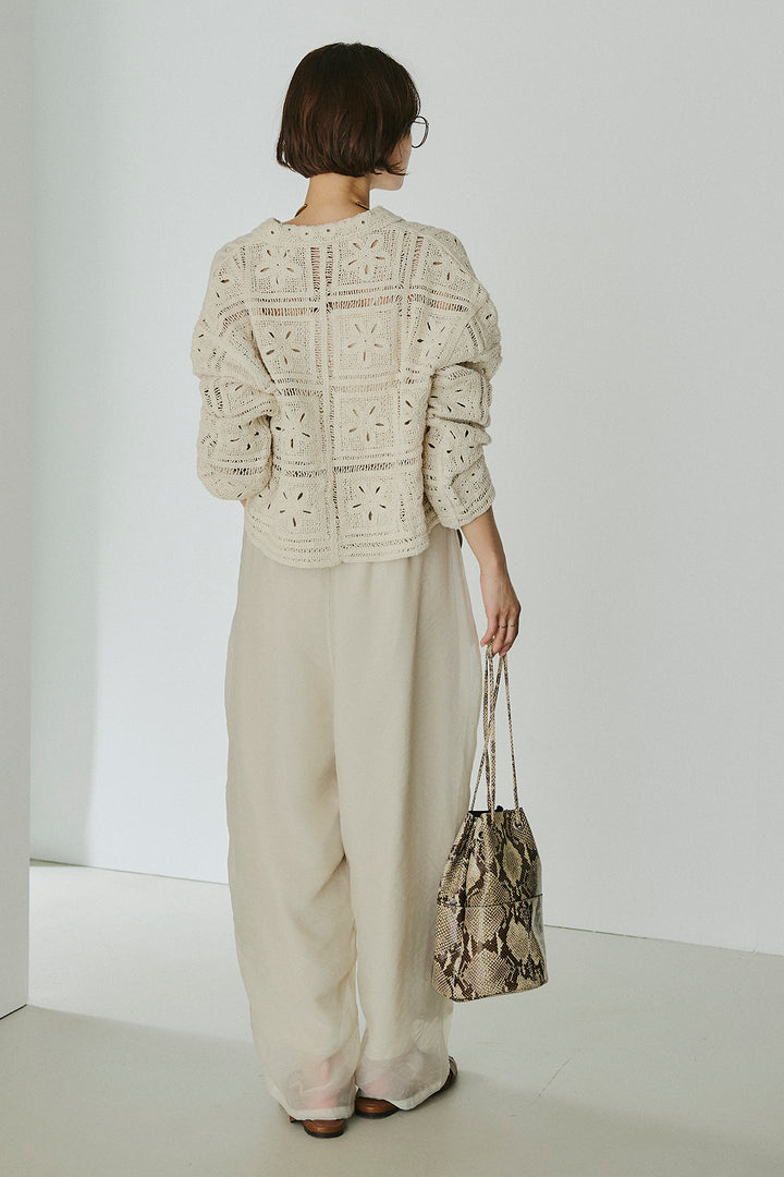 [SET]鍵編みフラワーレースカーディガン+オーガンジータックパンツ(2set)