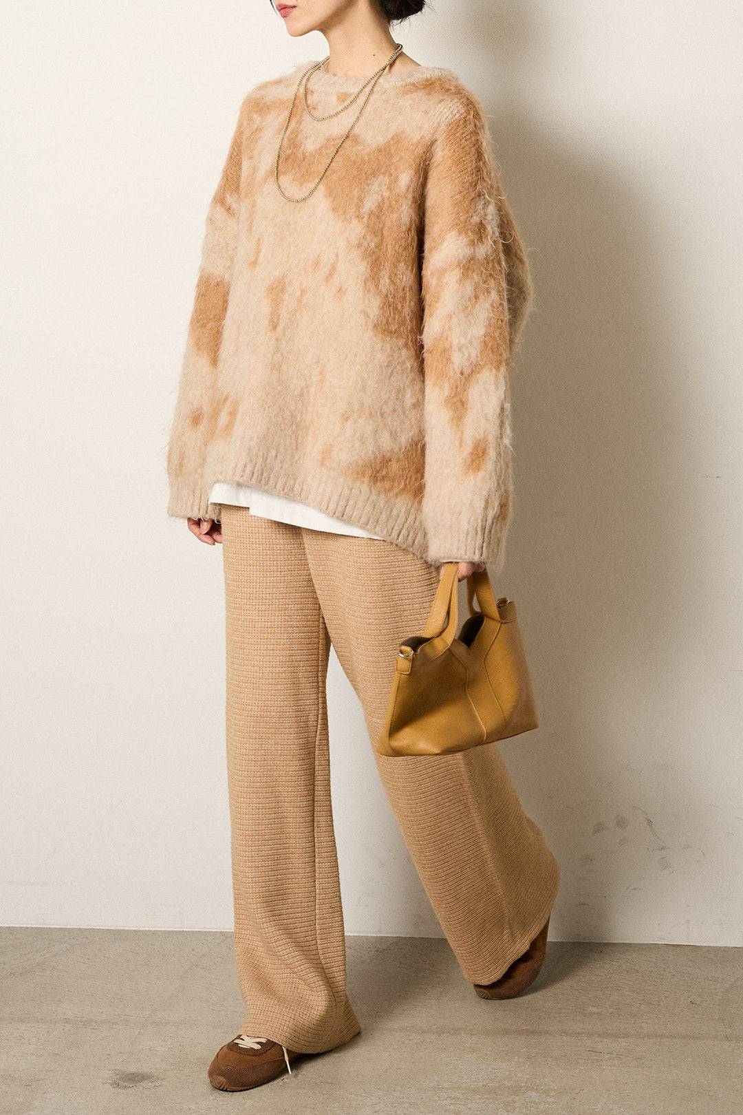 [SET]モヘアタッチマーブルニット+箔プリントBIGシルエットロングスリーブTシャツ+ワイドリブニットイージーパンツ(3set)