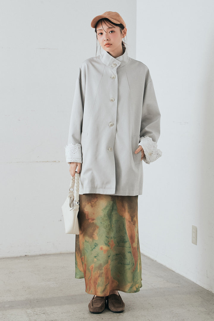 [SET]袖折り返しレースデザインアウター+ニュアンス柄サテンスカート(2set)