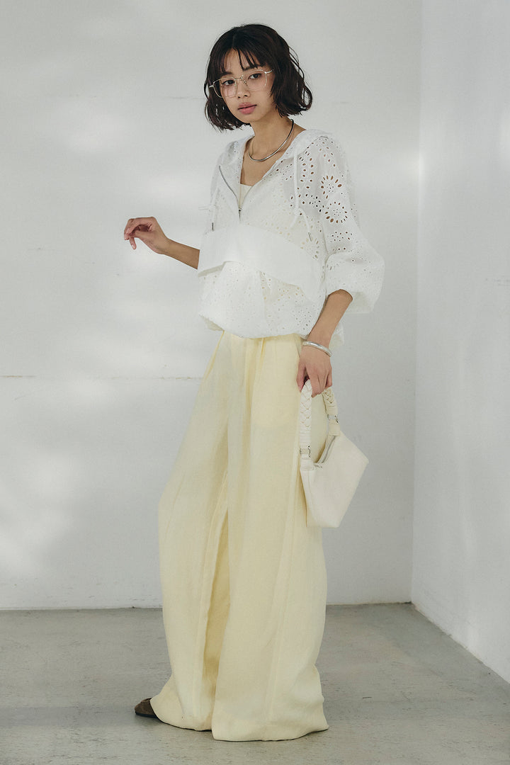 [SET]レースハーフジップアップフーディー+リネン混タックストレートワイドパンツ(2set)