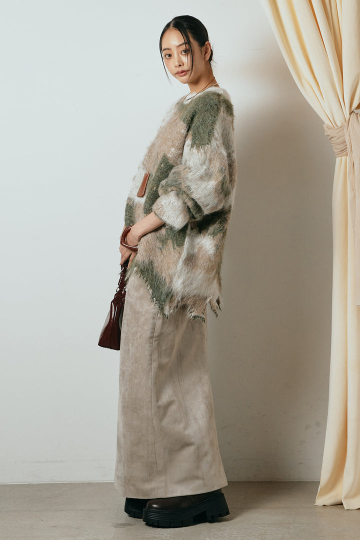 [SET]起毛裾デザインニュアンス柄ニットトップス+エコスウェードワイドスカート(2set)