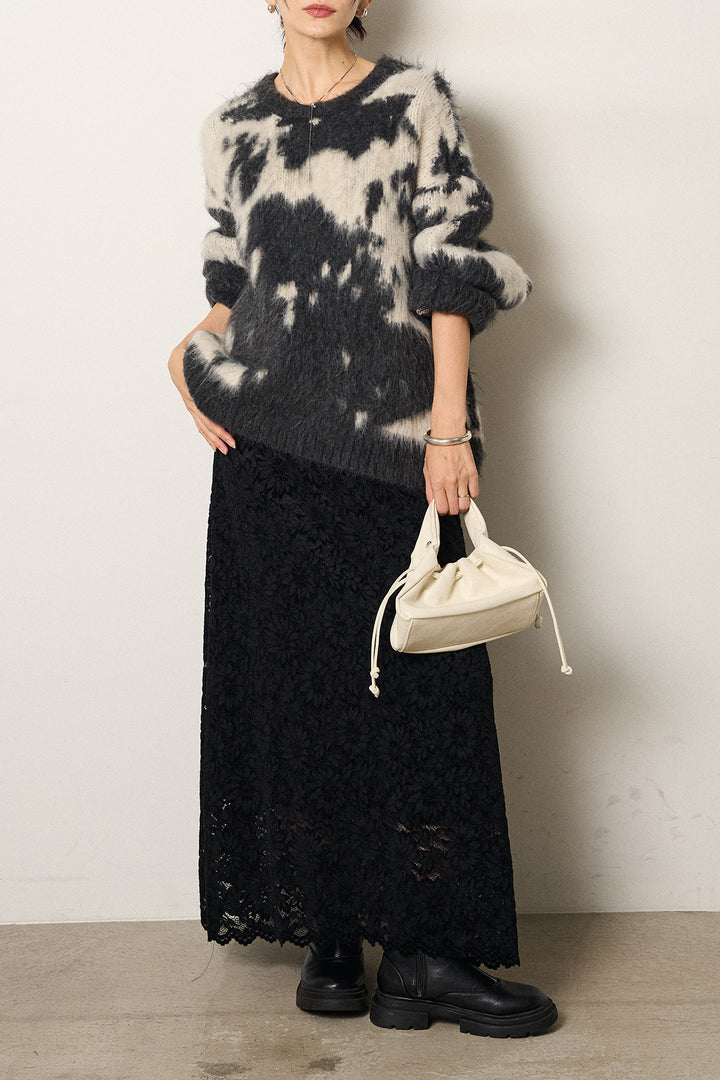 [SET]モヘアタッチマーブルニット+花柄刺繍ベロアフレアスカート(2set)