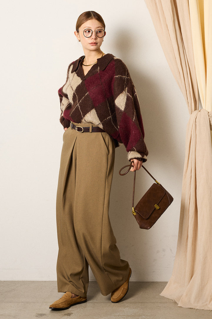 [SET]アクリルモヘアアーガイルキーネックプルオーバー+フロントワイドタックネップ入ワイドパンツ(2set)