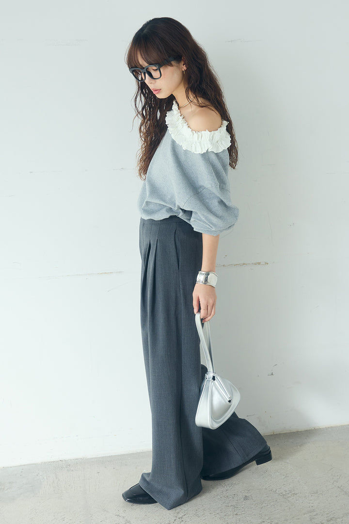 [SET]ネックギャザーフリルスウェット+サイドベルトタック入りスラックス(2set)